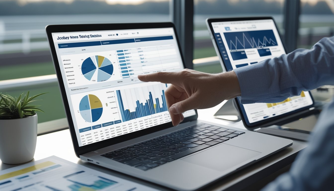 Orang sedang menganalisis data statistik joki dan pelatih pacuan kuda menggunakan laptop dan tablet di meja kerja.