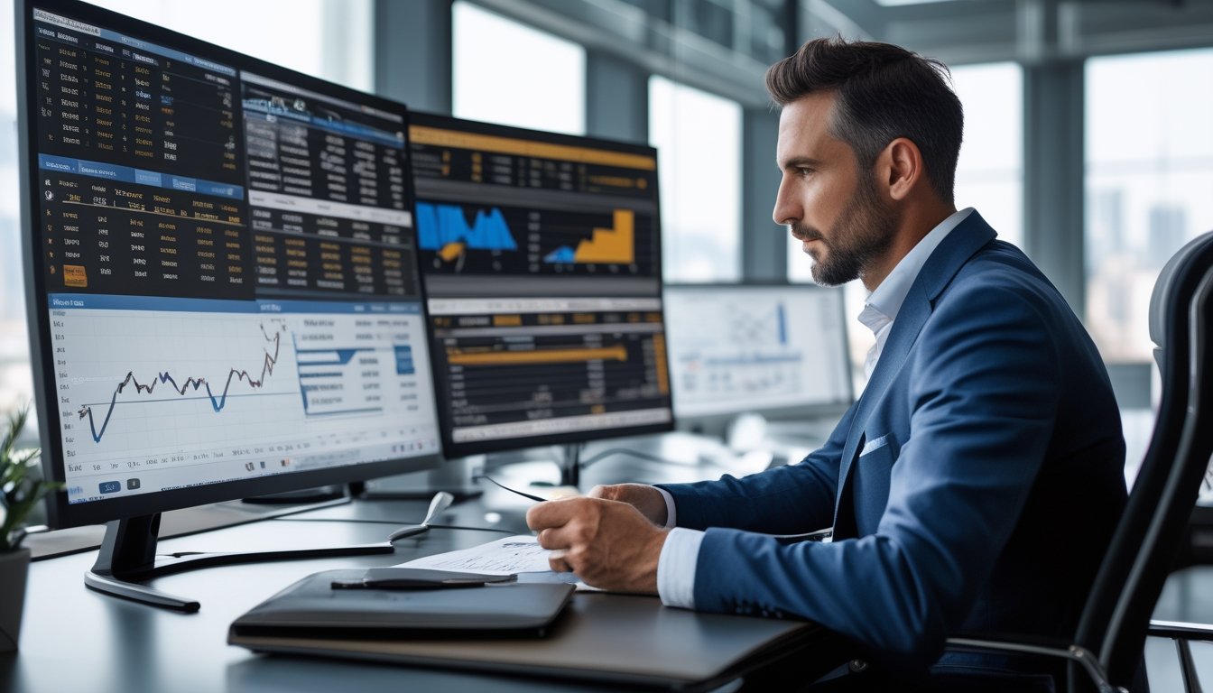 Seorang pria sedang duduk di meja kantor modern, menganalisis data dan grafik terkait taruhan pacuan kuda dengan latar belakang pemandangan kota.