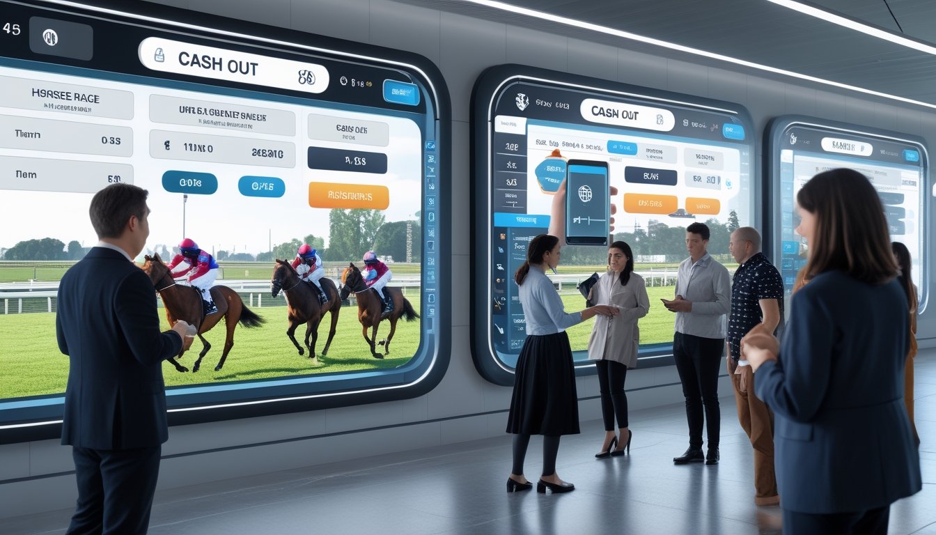 Orang-orang menggunakan platform taruhan pacuan kuda dengan layar digital menampilkan data balapan dan fitur cash out, latar belakang lintasan pacuan kuda dengan kuda dan joki beraksi.