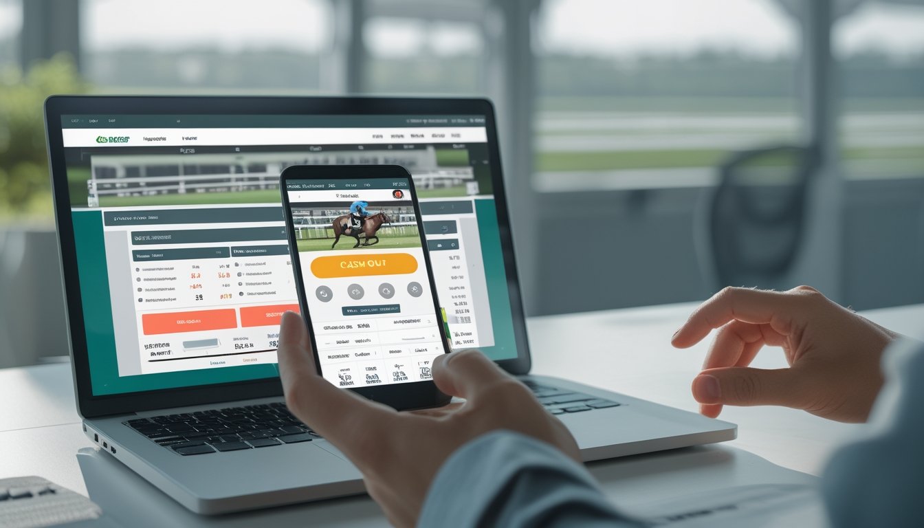 Seseorang menggunakan laptop dan ponsel pintar yang menampilkan platform taruhan pacuan kuda dengan fitur cash out.