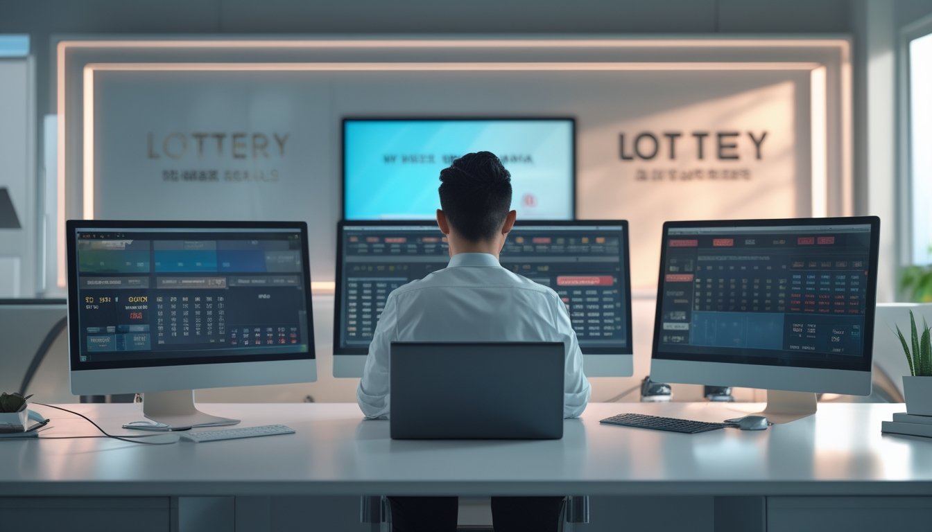 Seorang profesional di kantor modern dengan beberapa monitor komputer menampilkan angka lotere dan grafik.
