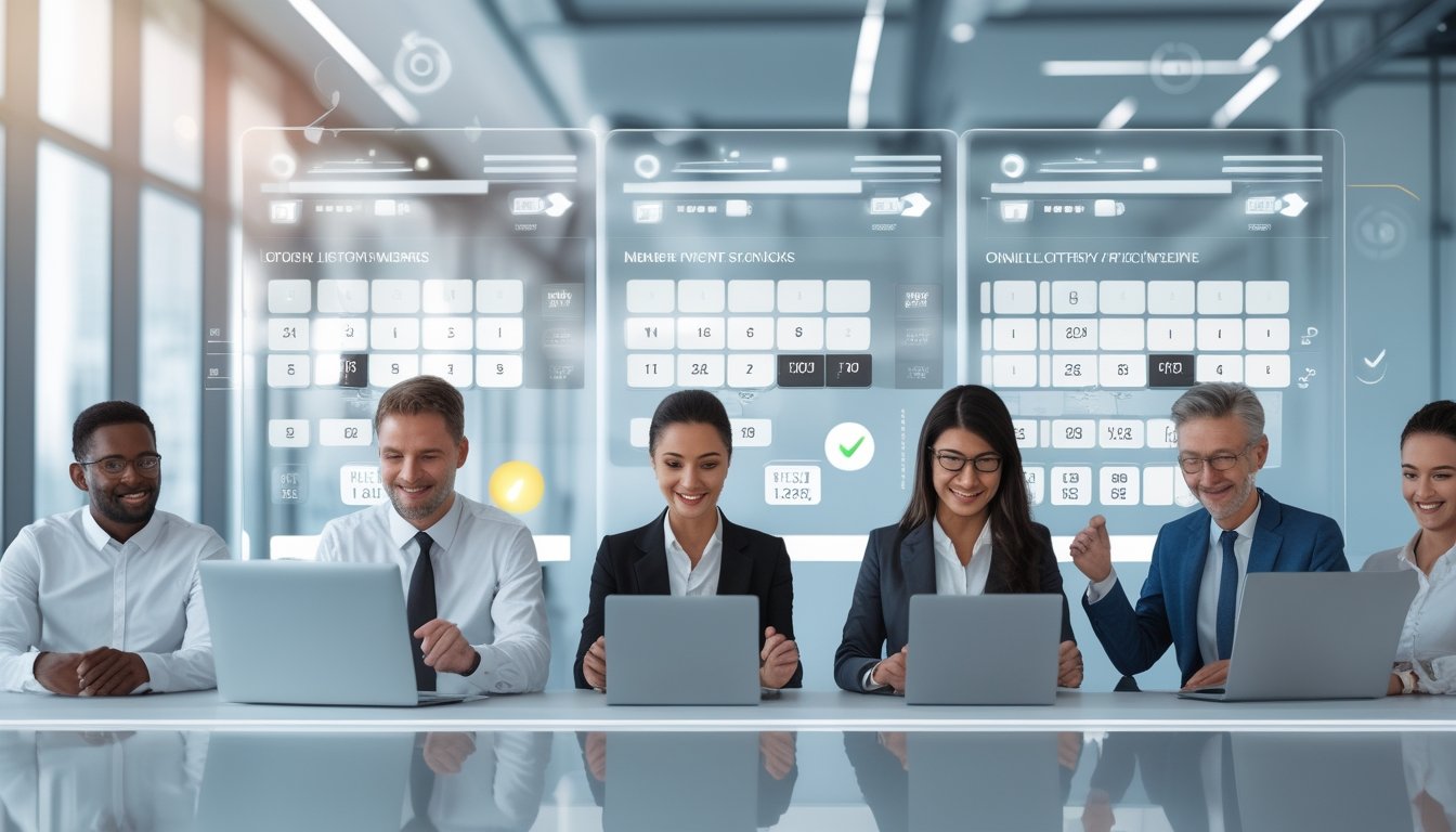 Orang-orang sedang menggunakan perangkat digital di kantor modern dengan tampilan antarmuka lotere online yang menampilkan angka dan grafik.