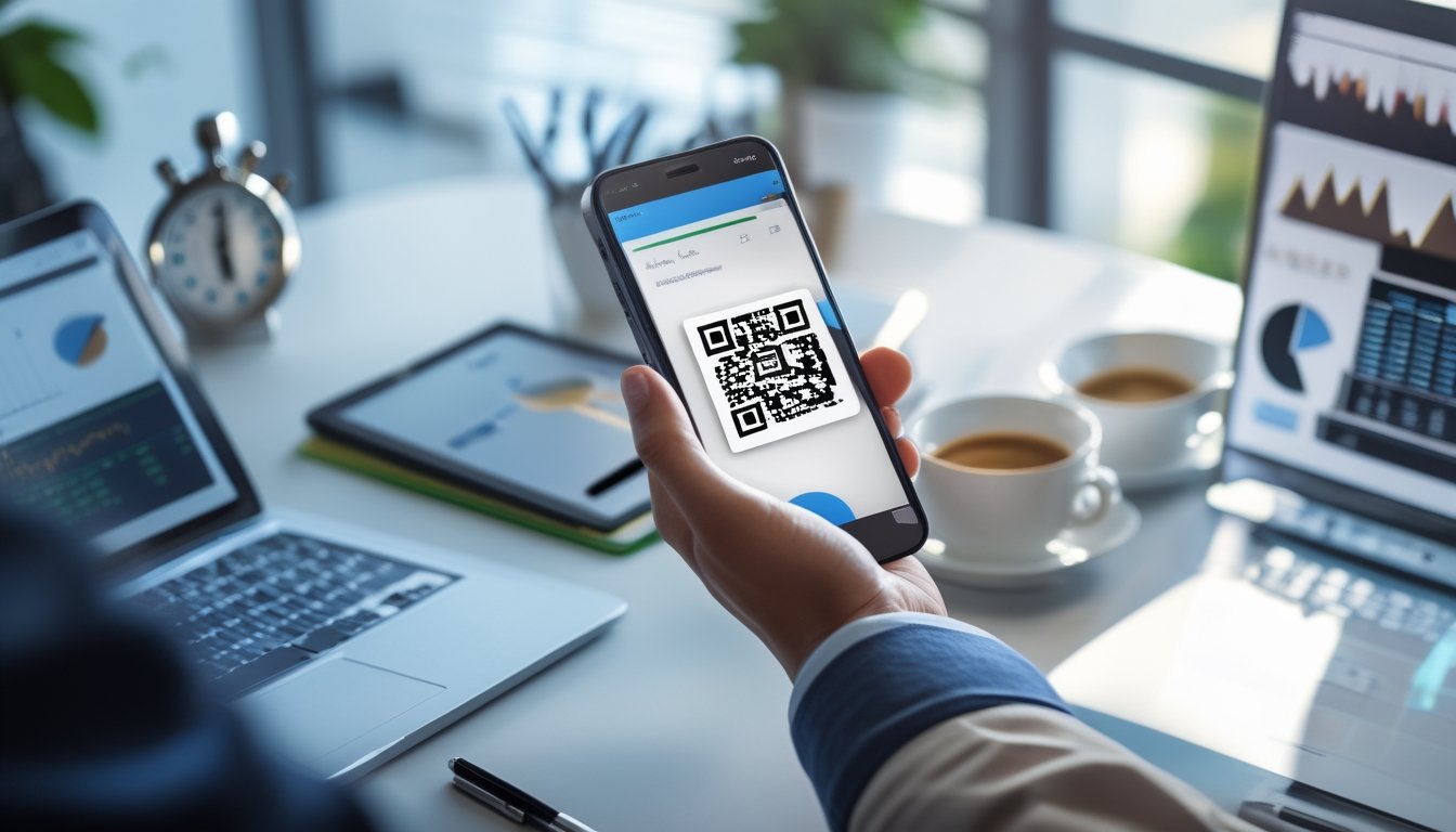 Sebuah ponsel menampilkan kode QR di atas meja kerja dengan laptop dan alat tulis di sekitarnya.