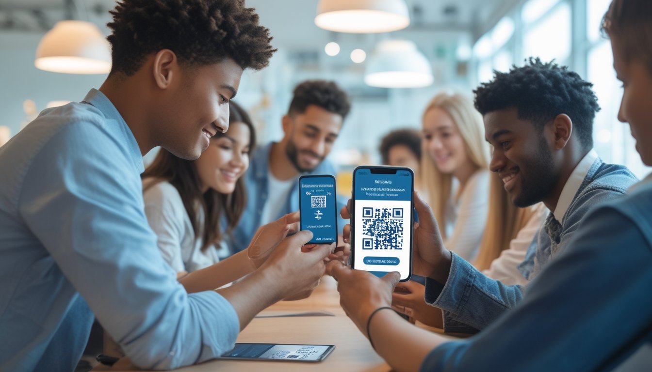 Orang-orang muda menggunakan ponsel untuk melakukan pembayaran digital dengan memindai kode QR di ruang modern.