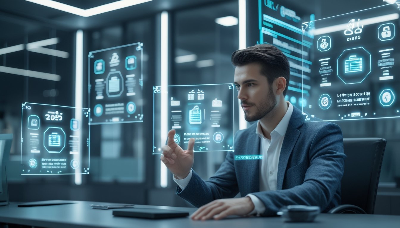 Seseorang sedang menggunakan layar digital transparan dengan ikon keamanan data dan grafik togel di lingkungan kantor modern.