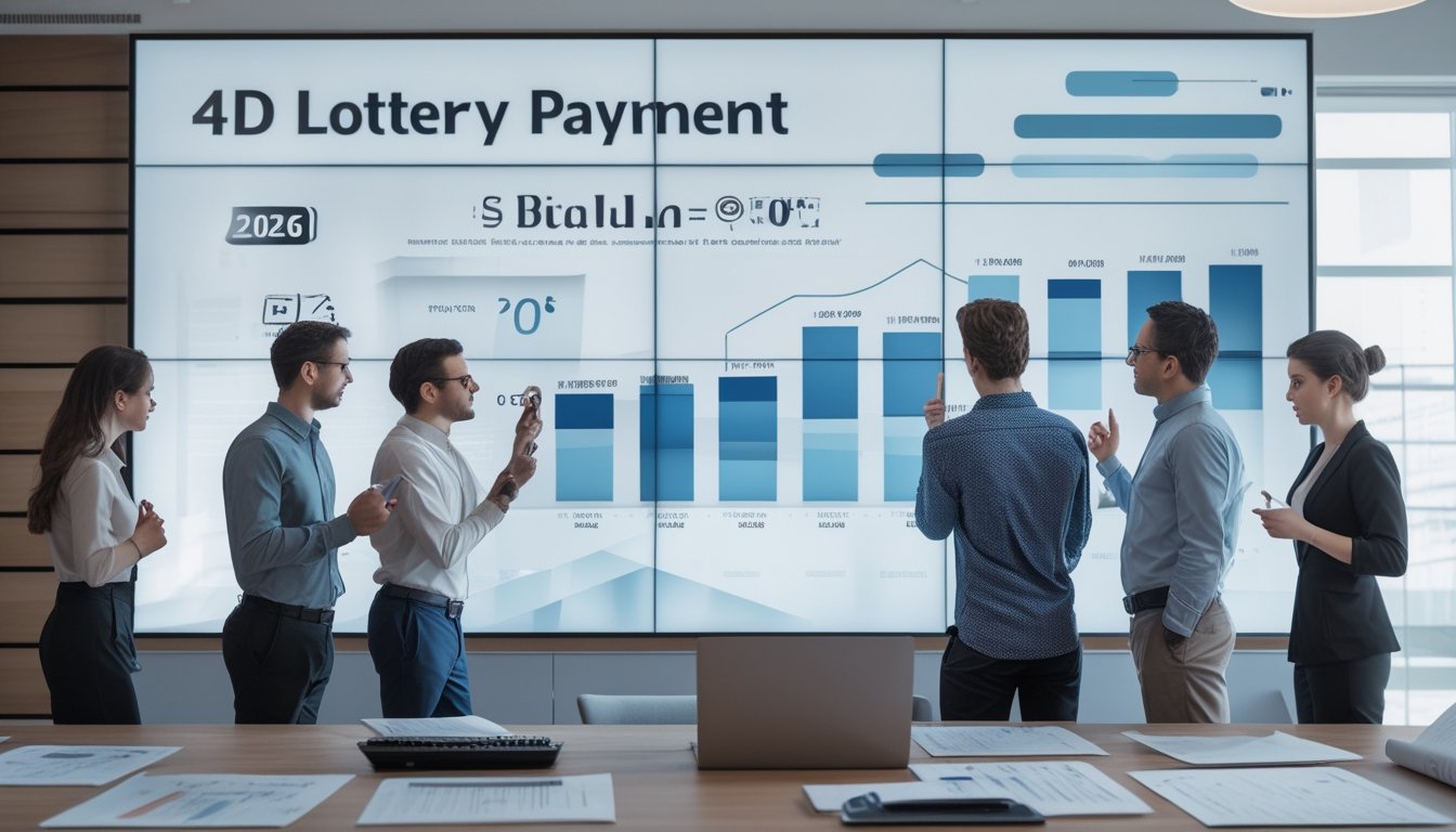 Sekelompok orang di kantor modern sedang menganalisis grafik dan dokumen keuangan terkait pembayaran hadiah lotere 4D.