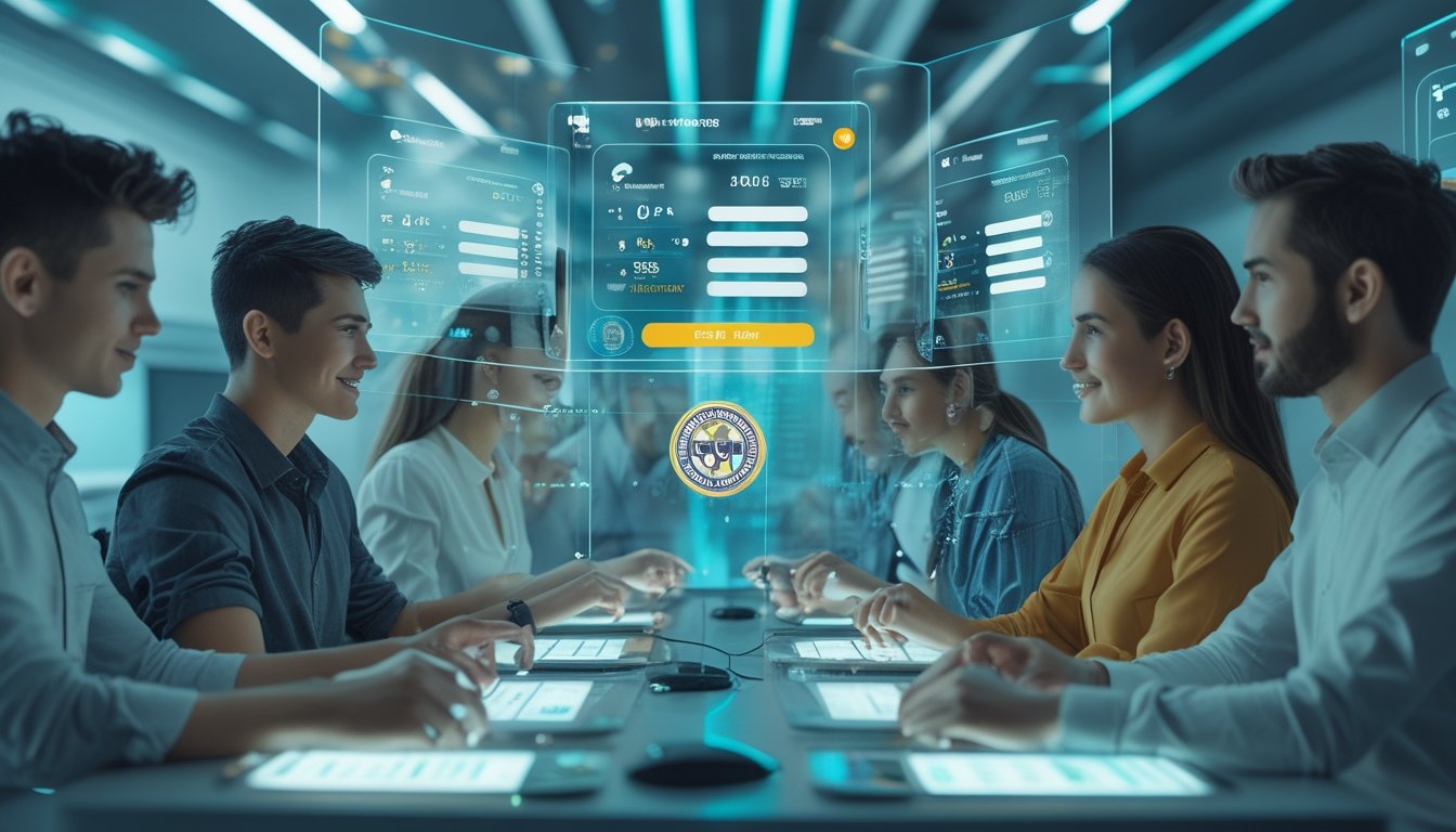 Beberapa orang muda menggunakan layar holografik yang menampilkan data pasar togel resmi di kantor modern.