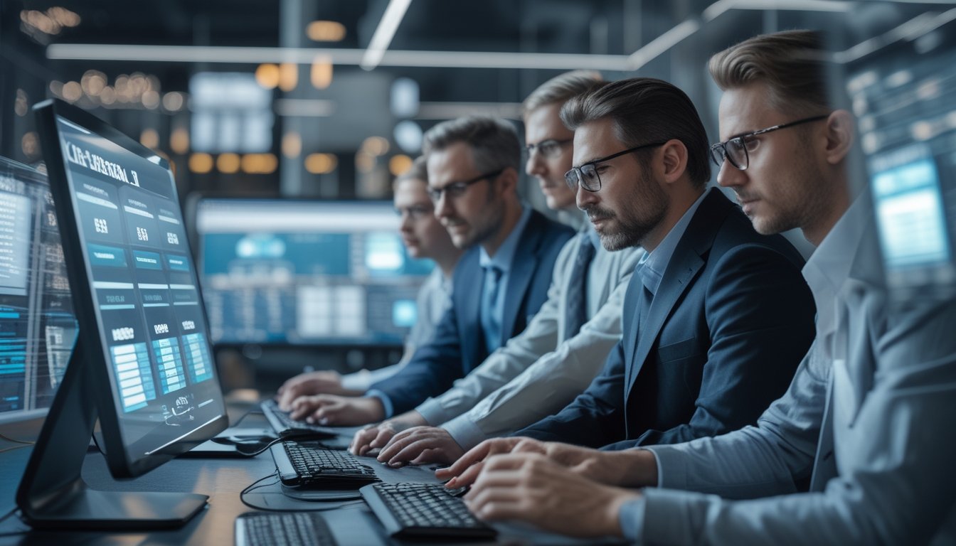 Sejumlah profesional sedang bekerja dengan komputer dan layar digital menampilkan data undian langsung di kantor modern.