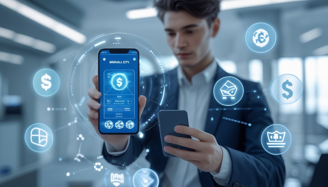 Seorang dewasa muda menggunakan ponsel pintar dengan ikon dompet digital dan simbol taruhan di latar belakang kantor modern.