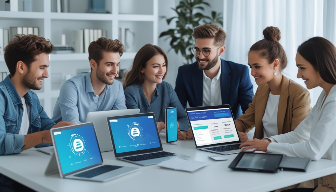 Beberapa orang muda menggunakan perangkat digital untuk melakukan transaksi e-wallet dan taruhan online di sebuah ruangan yang terang dan modern.