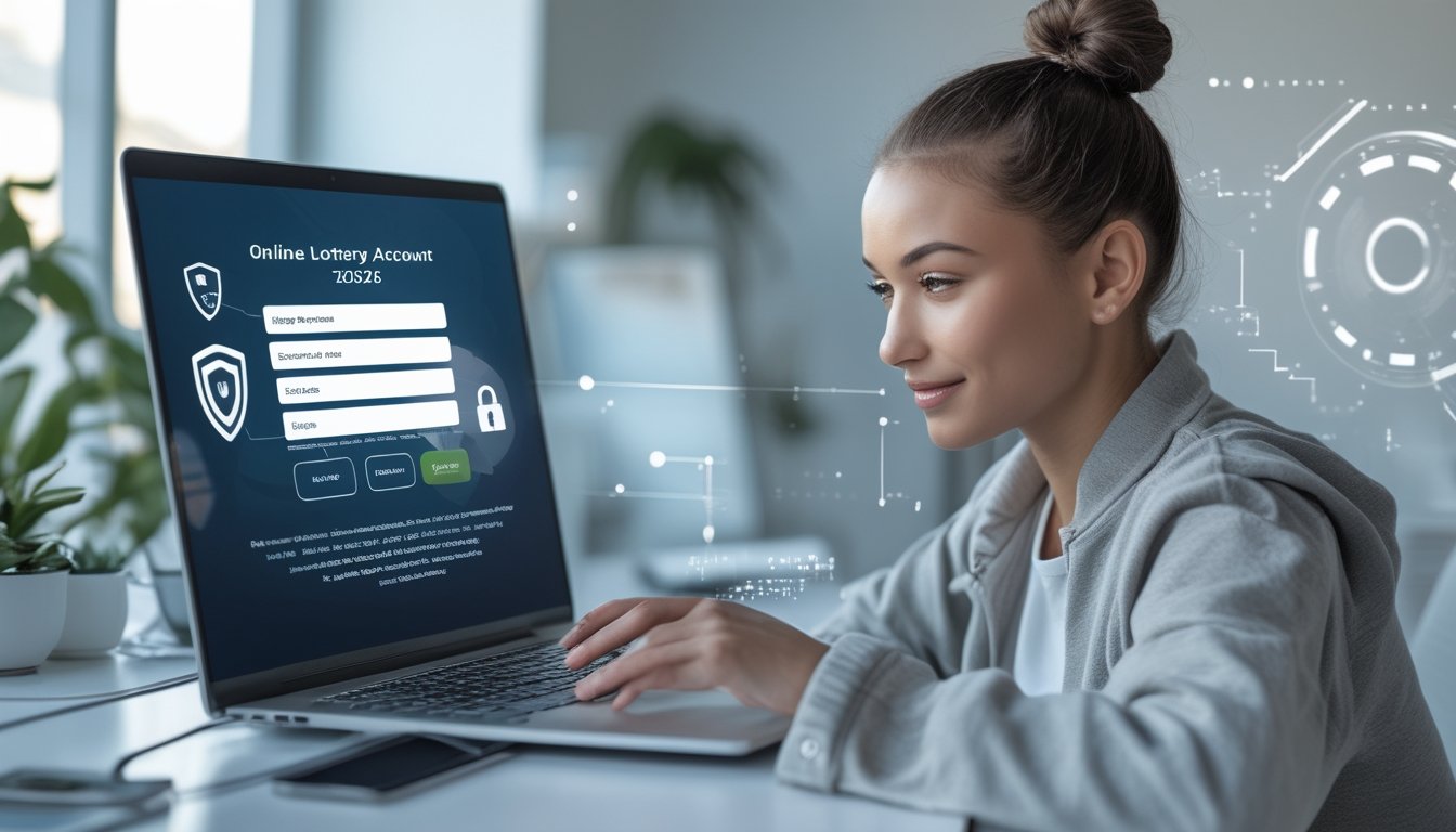 Seseorang sedang mendaftar akun secara online di laptop dengan latar belakang yang menunjukkan simbol keamanan digital.