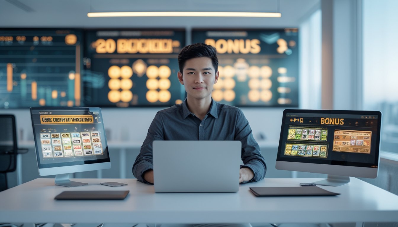 Seorang pria muda sedang duduk di meja kerja dengan laptop dan ponsel, menampilkan antarmuka permainan lotere online di ruang kantor yang terang dan modern.