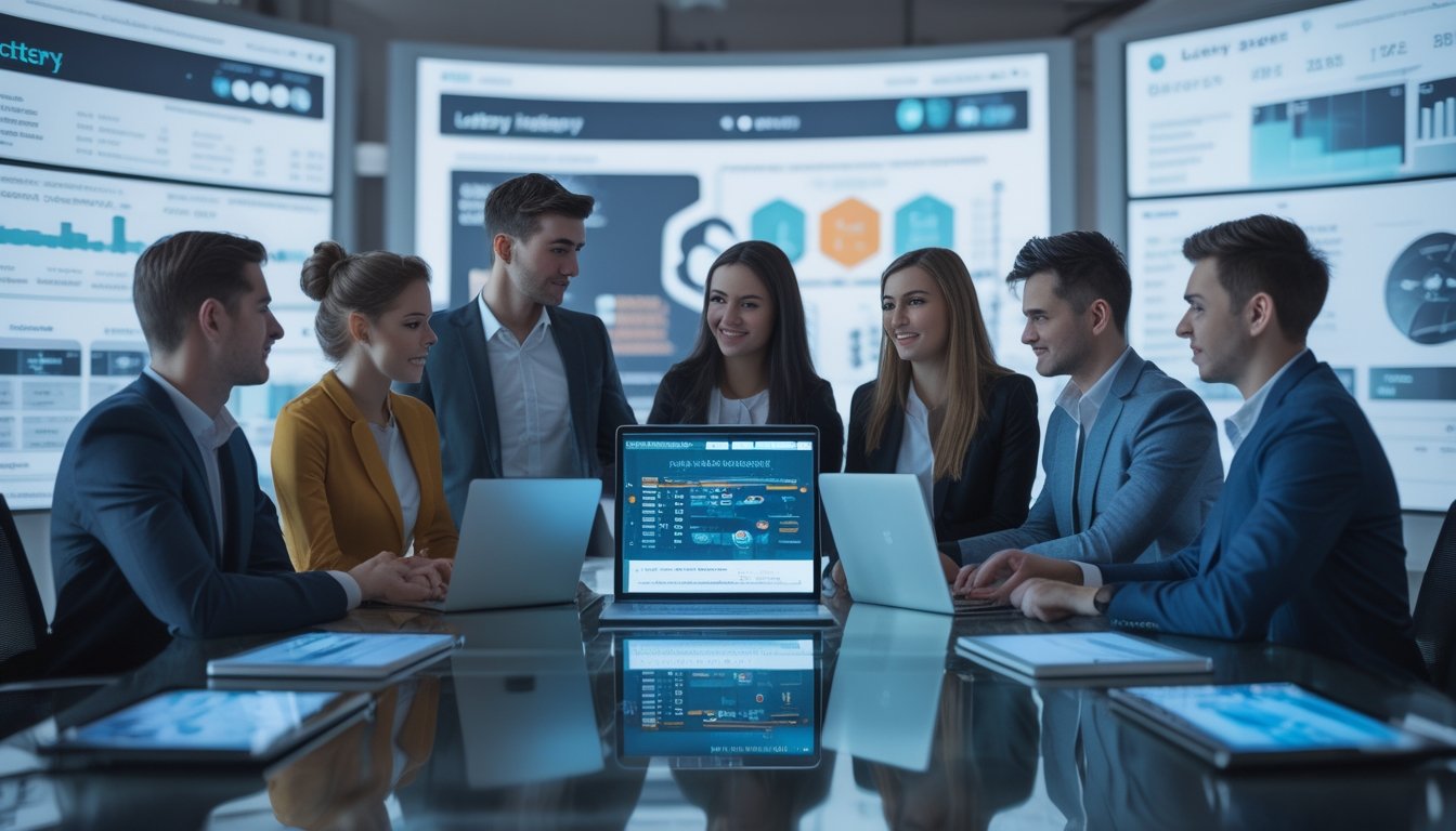 Sekelompok profesional muda sedang berdiskusi di meja kantor dengan perangkat digital menampilkan data terkait lotere online.