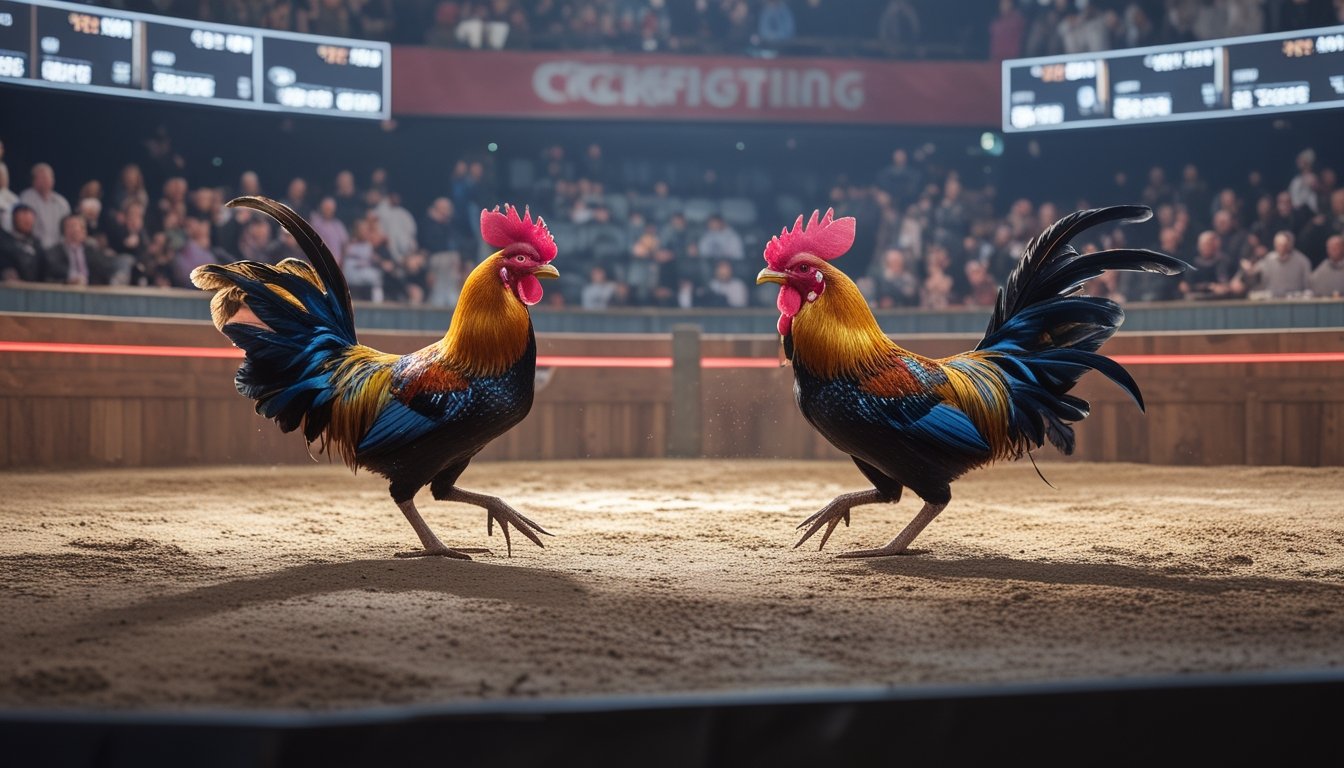 Dua ayam jago bertarung di arena sabung ayam dengan penonton menonton dan merekam menggunakan ponsel.