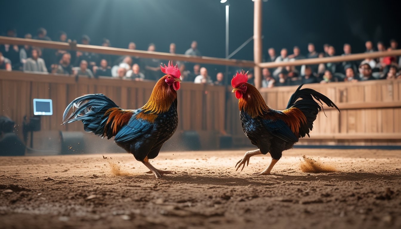 Dua ayam aduan sedang bertarung di arena sabung ayam dengan penonton yang antusias mengamati dari sekitar.