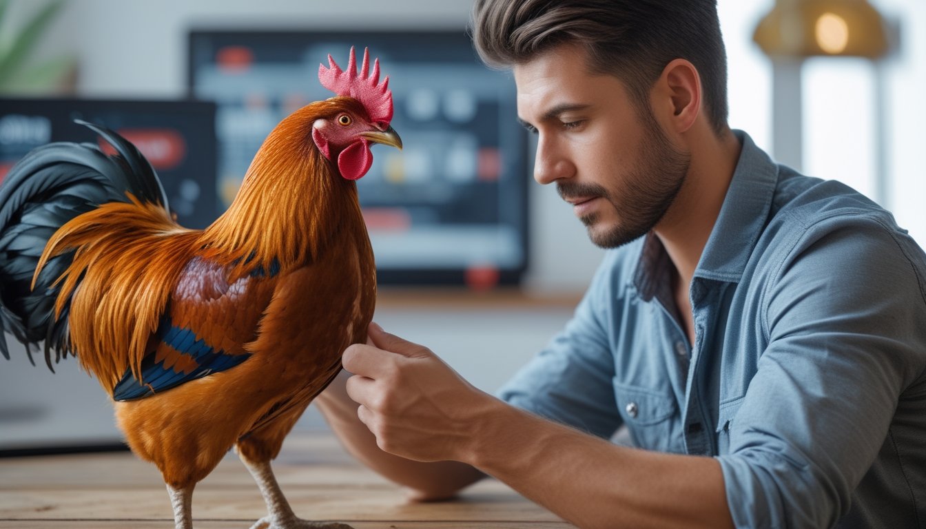 Seorang pria sedang memilih ayam aduan unggulan dengan cermat di dalam ruangan yang terang, sambil melihat ayam yang kuat dan sehat.