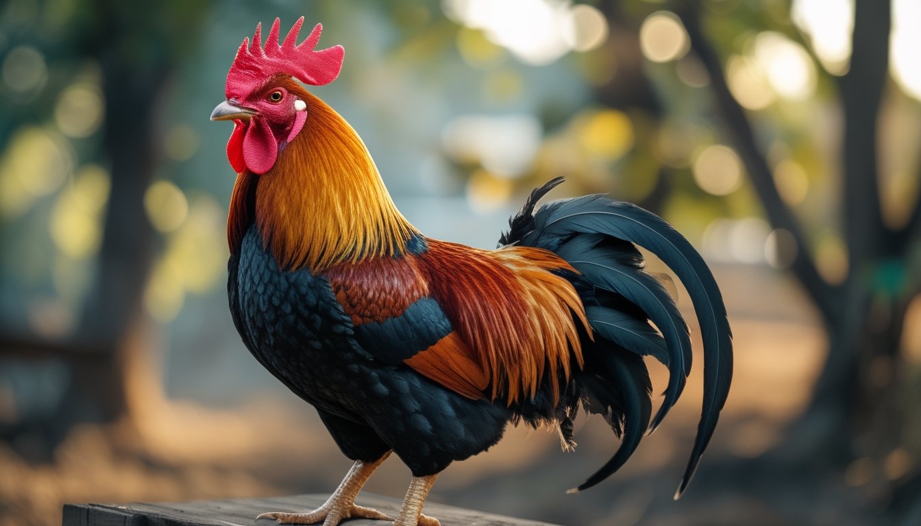 Seekor ayam aduan berkualitas dengan bulu berwarna cerah berdiri di atas tiang kayu di lingkungan luar ruangan yang alami.