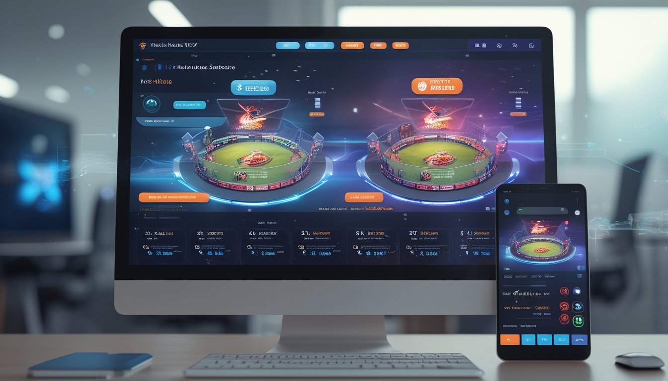 Tampilan layar komputer dan ponsel yang menunjukkan platform sabung ayam online dengan beberapa arena pertandingan secara bersamaan di lingkungan kantor modern.