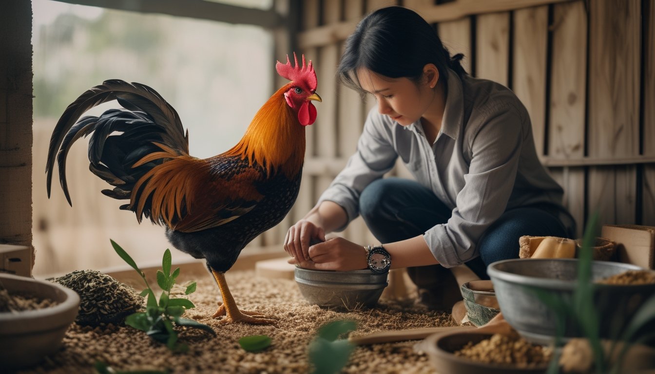Seekor ayam aduan yang sehat dan terawat sedang diperiksa oleh seorang pria di dalam kandang dengan perlengkapan perawatan di sekitarnya.