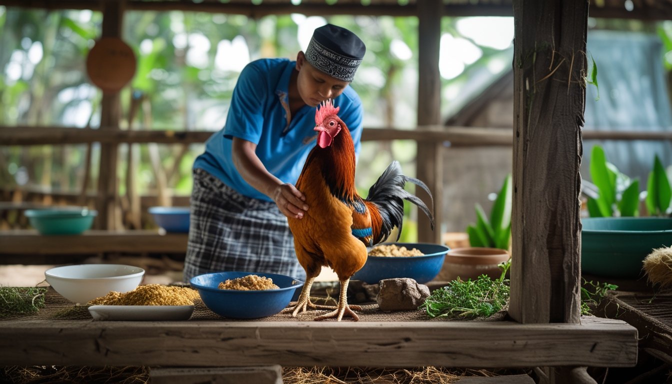 Seorang perawat ayam sedang merawat ayam aduan di dalam kandang kayu dengan peralatan perawatan dan pemandangan pedesaan di latar belakang.
