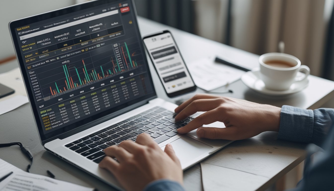 Seorang pria duduk di depan laptop dengan grafik dan data statistik tentang peluang menang sabung ayam online, di meja terdapat catatan dan ponsel dengan informasi taruhan.