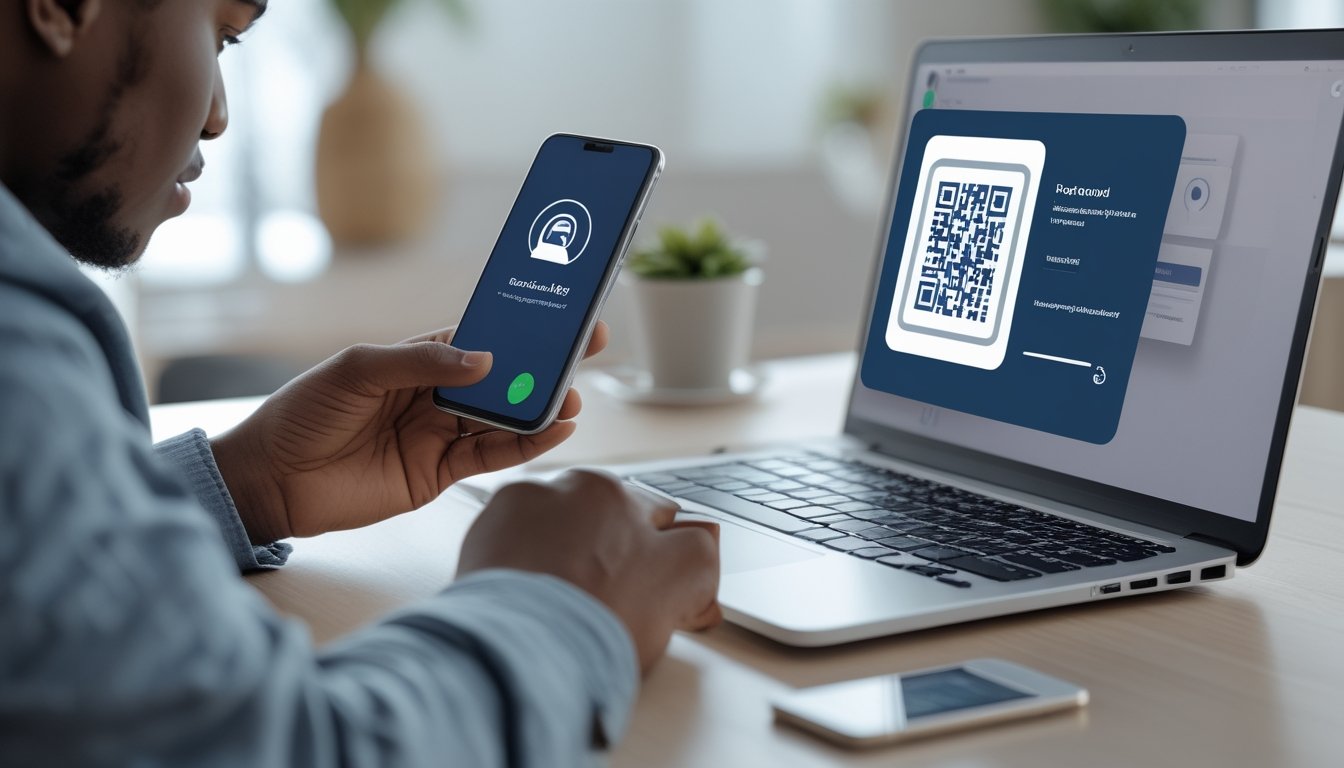 Seseorang menggunakan laptop dan ponsel dengan kode QR di layar untuk melakukan pendaftaran akun dan pembayaran online.