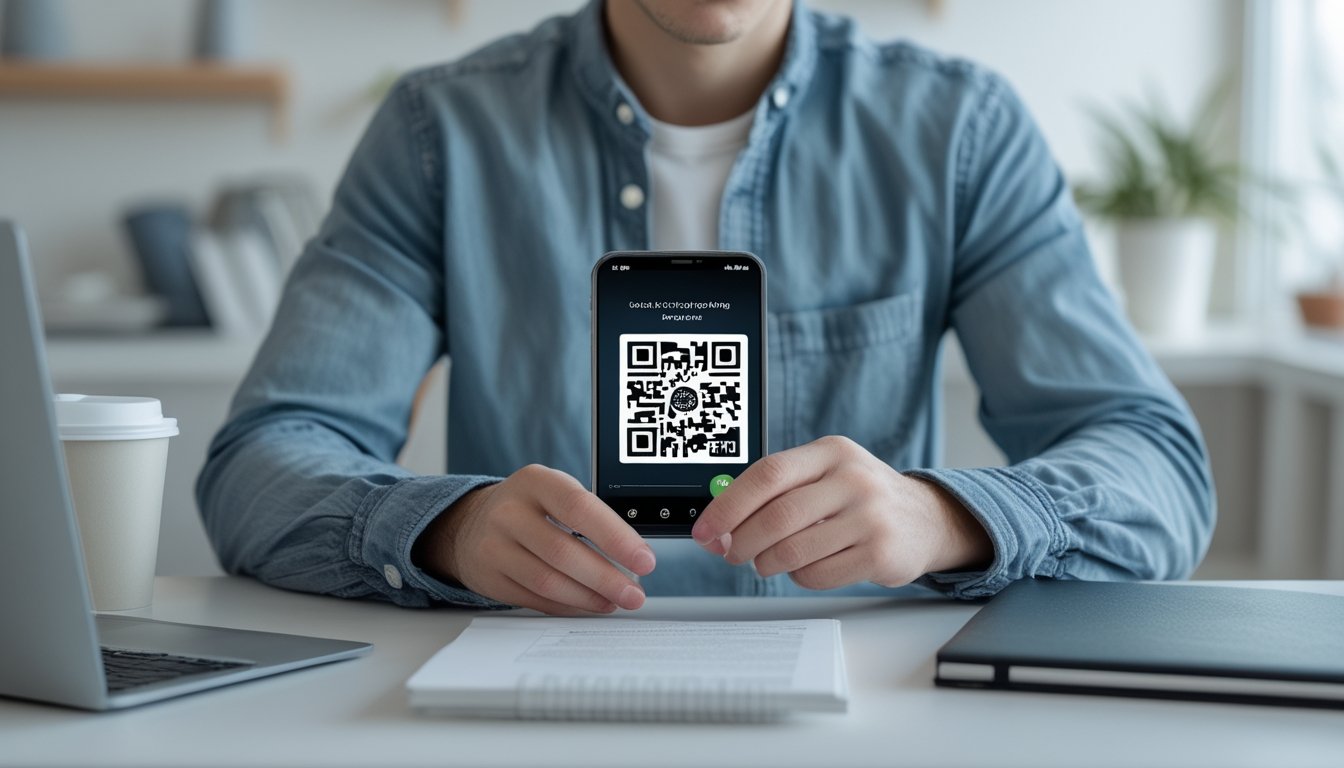 Seseorang menggunakan ponsel untuk mendaftar akun dan melakukan deposit cepat dengan memindai kode QR di ruang kerja yang rapi.