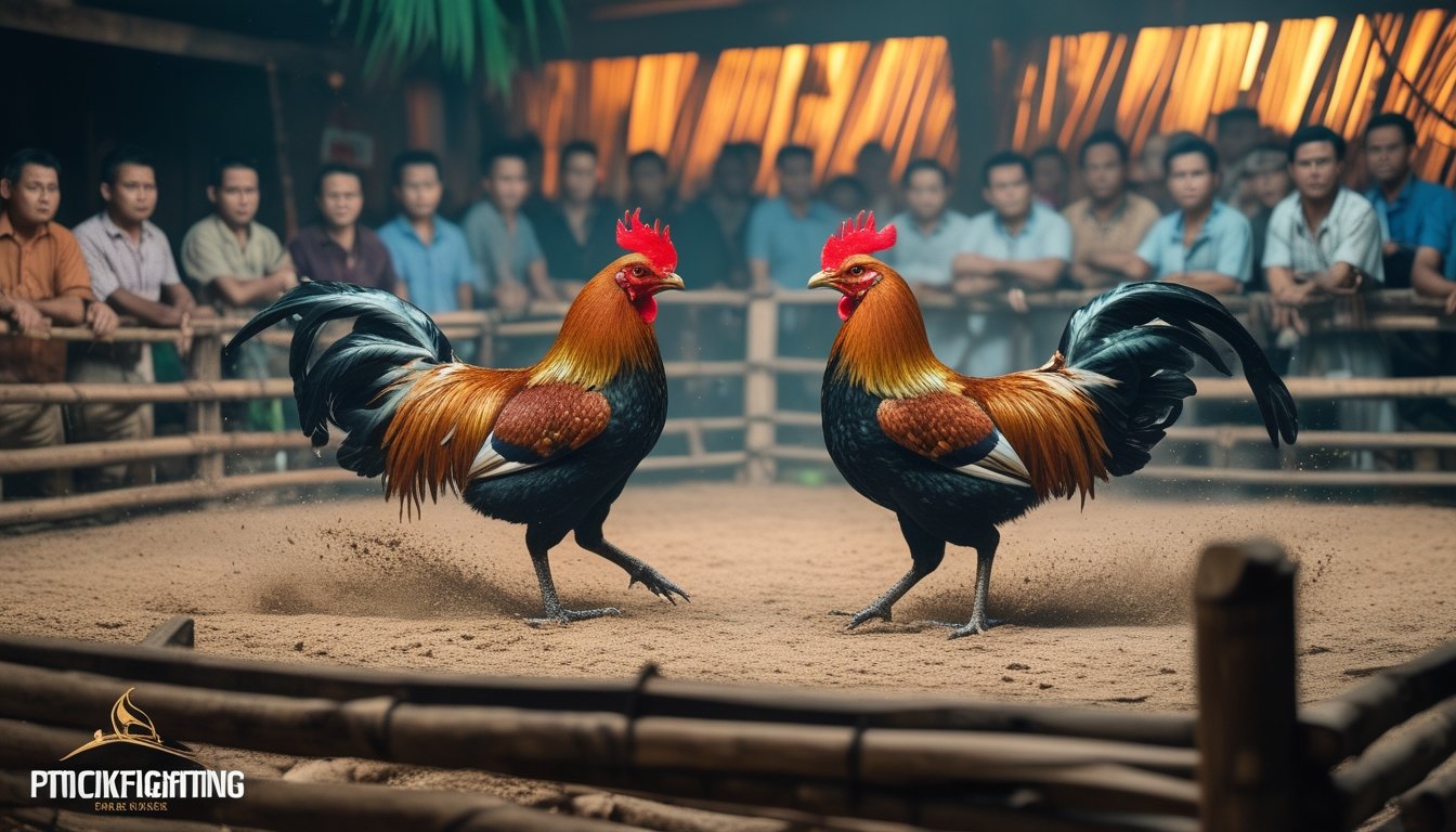 Dua ayam Bangkok sedang bertarung di arena kayu dengan penonton yang memperhatikan di sekelilingnya.