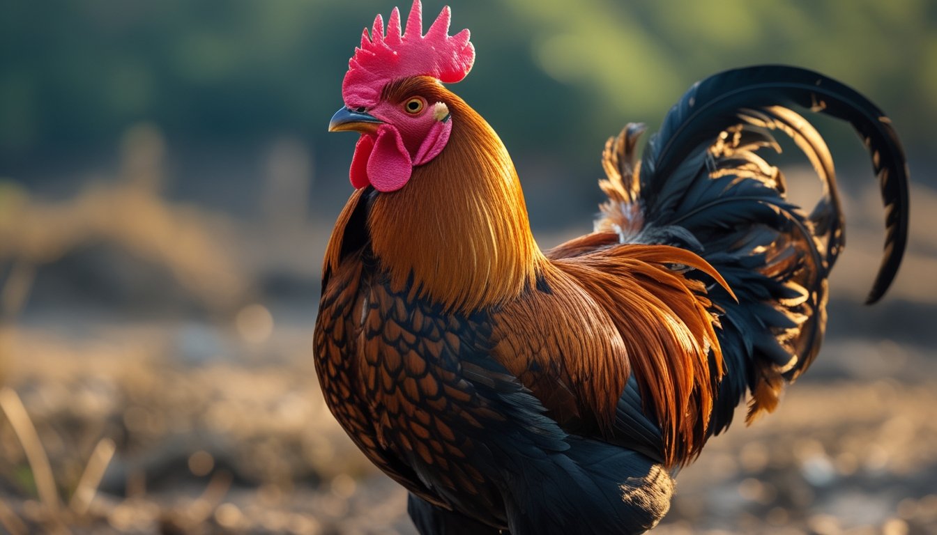 Seekor ayam Bangkok petarung berdiri dengan gagah di luar ruangan dengan latar belakang alam pedesaan yang kabur.