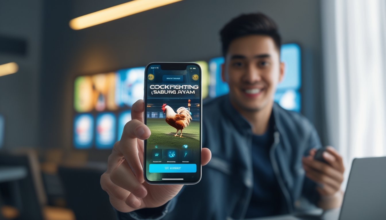 Seseorang memegang ponsel yang menampilkan pertandingan sabung ayam online di ruangan modern dengan pencahayaan terang.