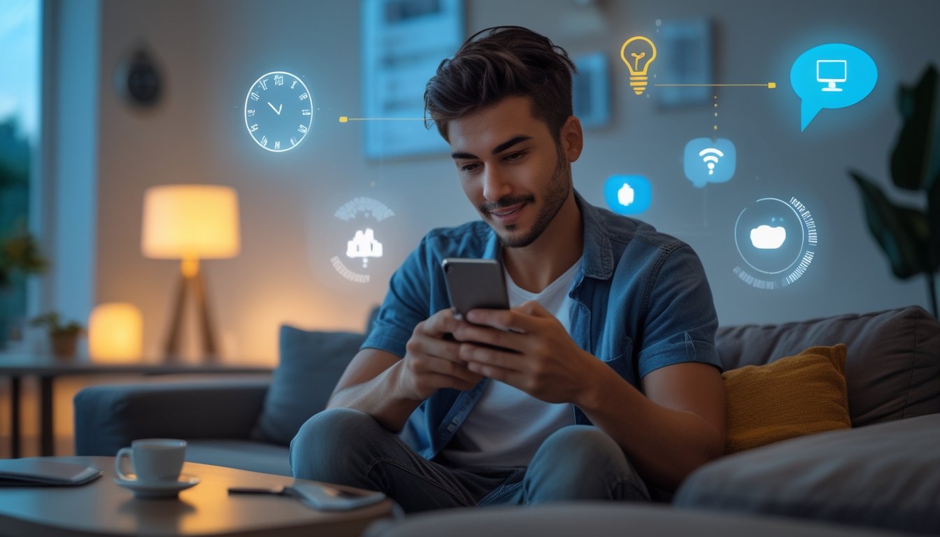 Seorang dewasa muda menggunakan ponsel di ruang tamu yang nyaman dengan pencahayaan hangat, menunjukkan akses tanpa batas ke aplikasi mobile.