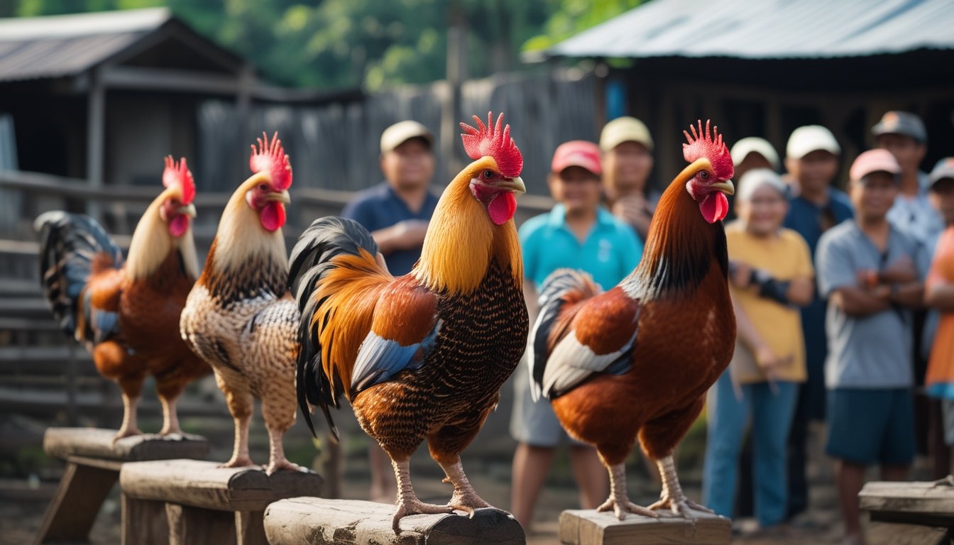 Arena sabung ayam tradisional di Indonesia dengan beberapa ayam aduan berwarna-warni dan penonton yang antusias di sekitarnya.