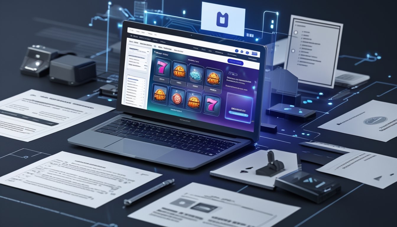 Meja kerja dengan laptop menampilkan situs slot online, dokumen dan simbol keamanan yang menunjukkan kepercayaan dan lisensi resmi.
