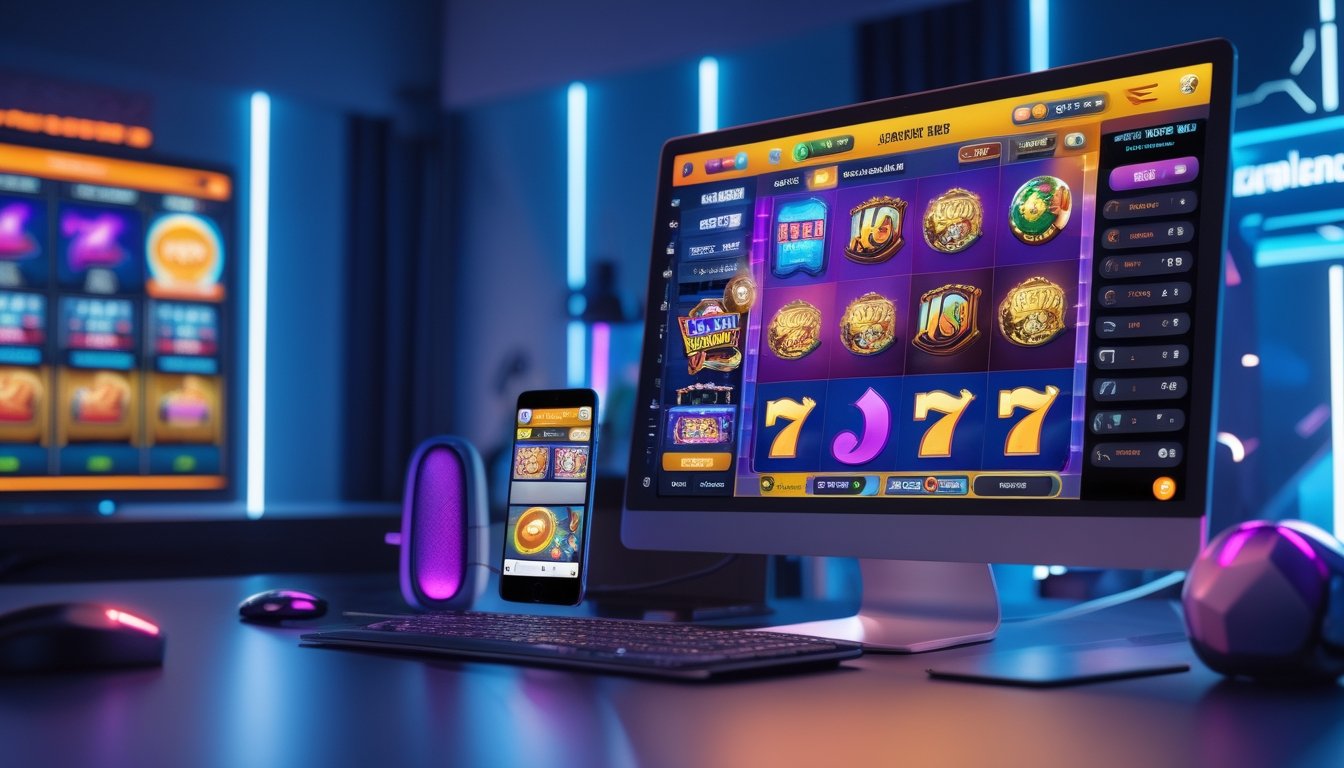 Sebuah meja dengan komputer dan ponsel yang menampilkan permainan slot online dengan simbol berwarna-warni dan fitur bonus putaran gratis di ruangan bermain yang modern dan terang.