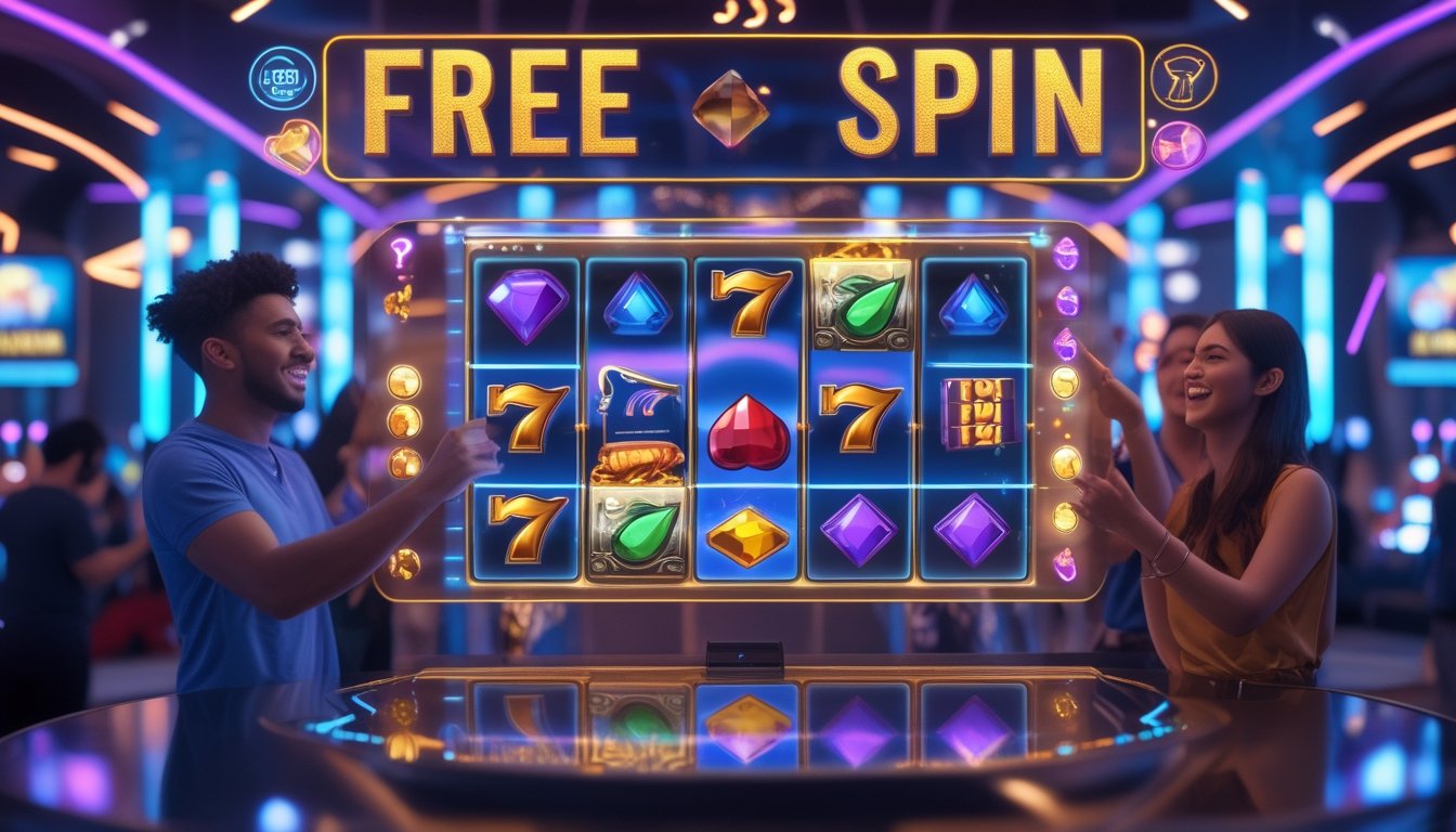 Orang-orang sedang bermain game slot online dengan layar sentuh besar yang menampilkan gulungan slot berwarna-warni dan ikon fitur bonus di latar belakang futuristik.