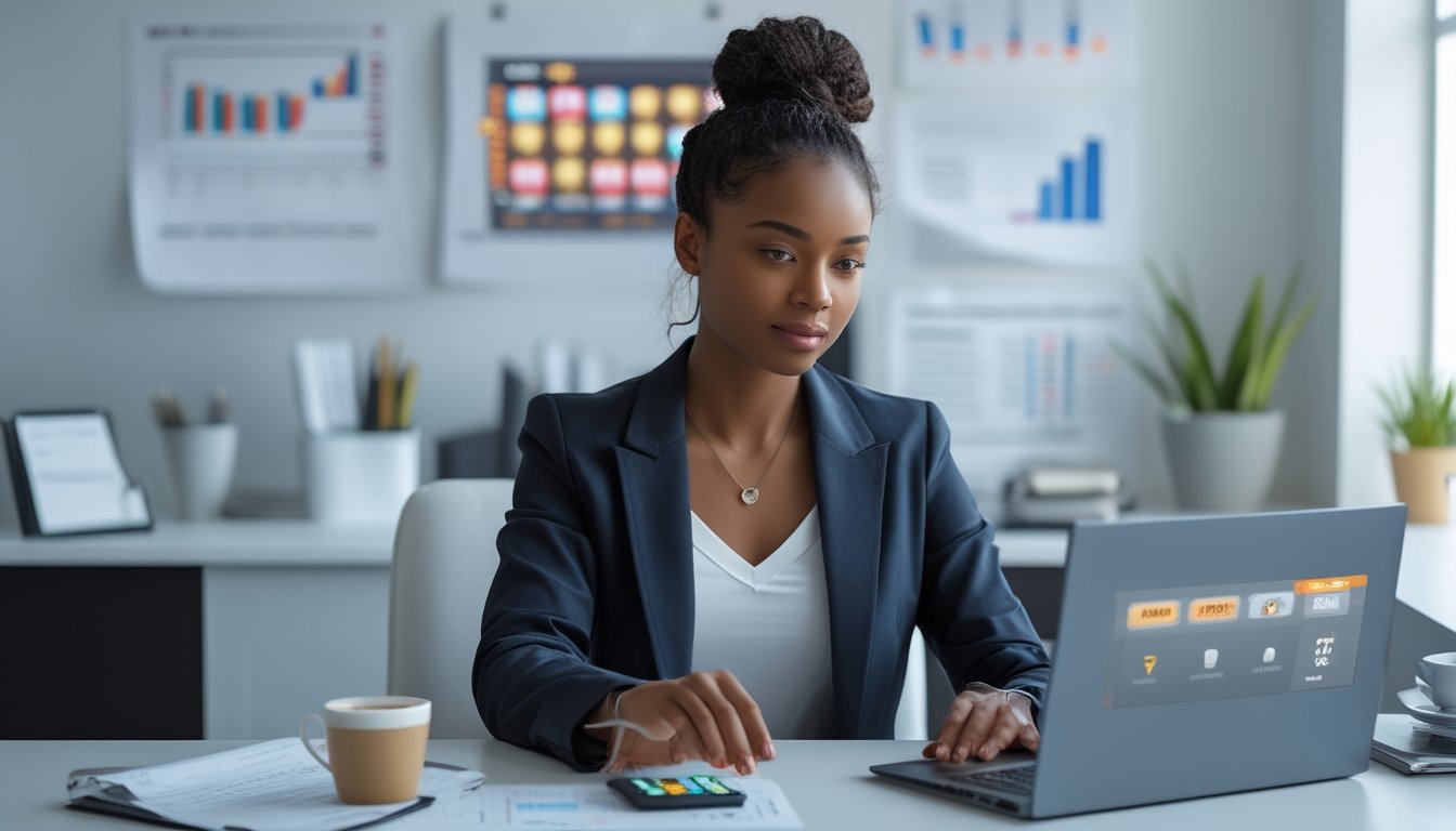 Seorang wanita muda duduk di meja dengan laptop terbuka menampilkan permainan slot online, dikelilingi oleh grafik keuangan dan catatan, terlihat fokus mengatur manajemen modal.