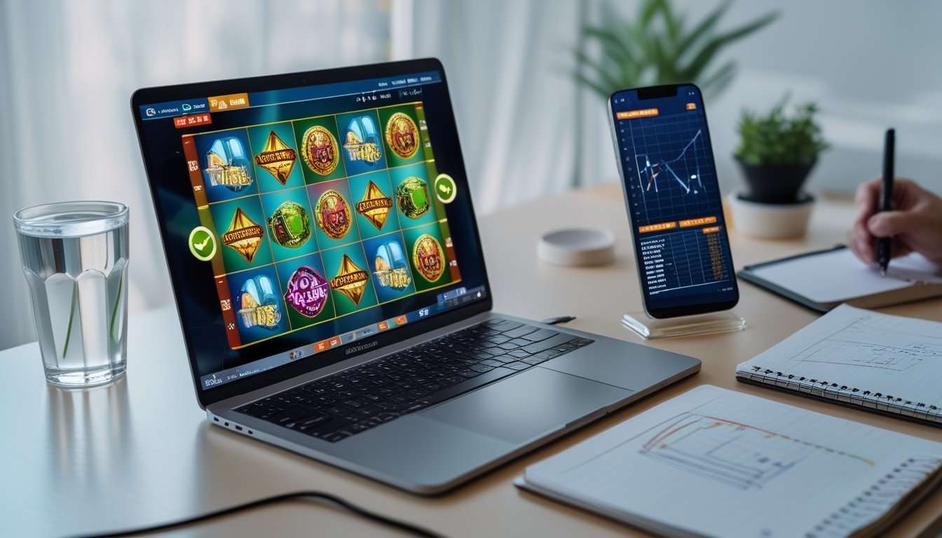Meja kerja modern dengan laptop menampilkan permainan slot online, smartphone dengan grafik keuangan, dan buku catatan berisi perhitungan manajemen modal.