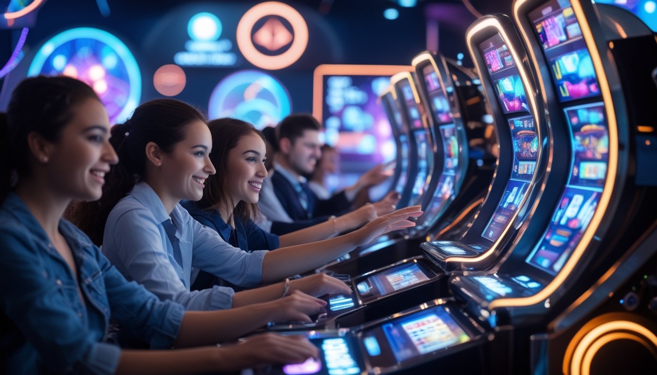 Sekelompok pemain sedang menggunakan mesin slot modern dengan layar sentuh dan fitur interaktif di lingkungan kasino futuristik.
