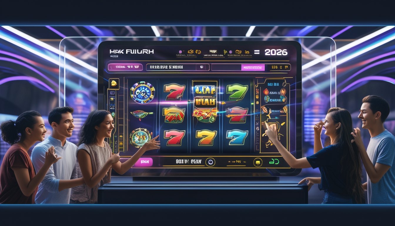 Beberapa orang bermain mesin slot online dengan layar sentuh interaktif di lingkungan permainan modern yang terang dan futuristik.