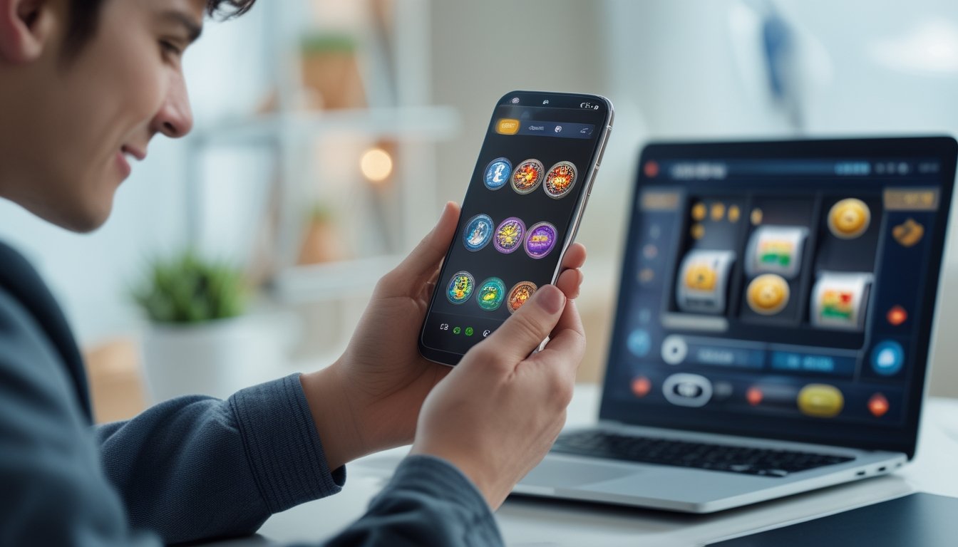 Seorang dewasa muda menggunakan smartphone untuk bermain slot online dengan lancar di dalam ruangan yang terang dan nyaman.