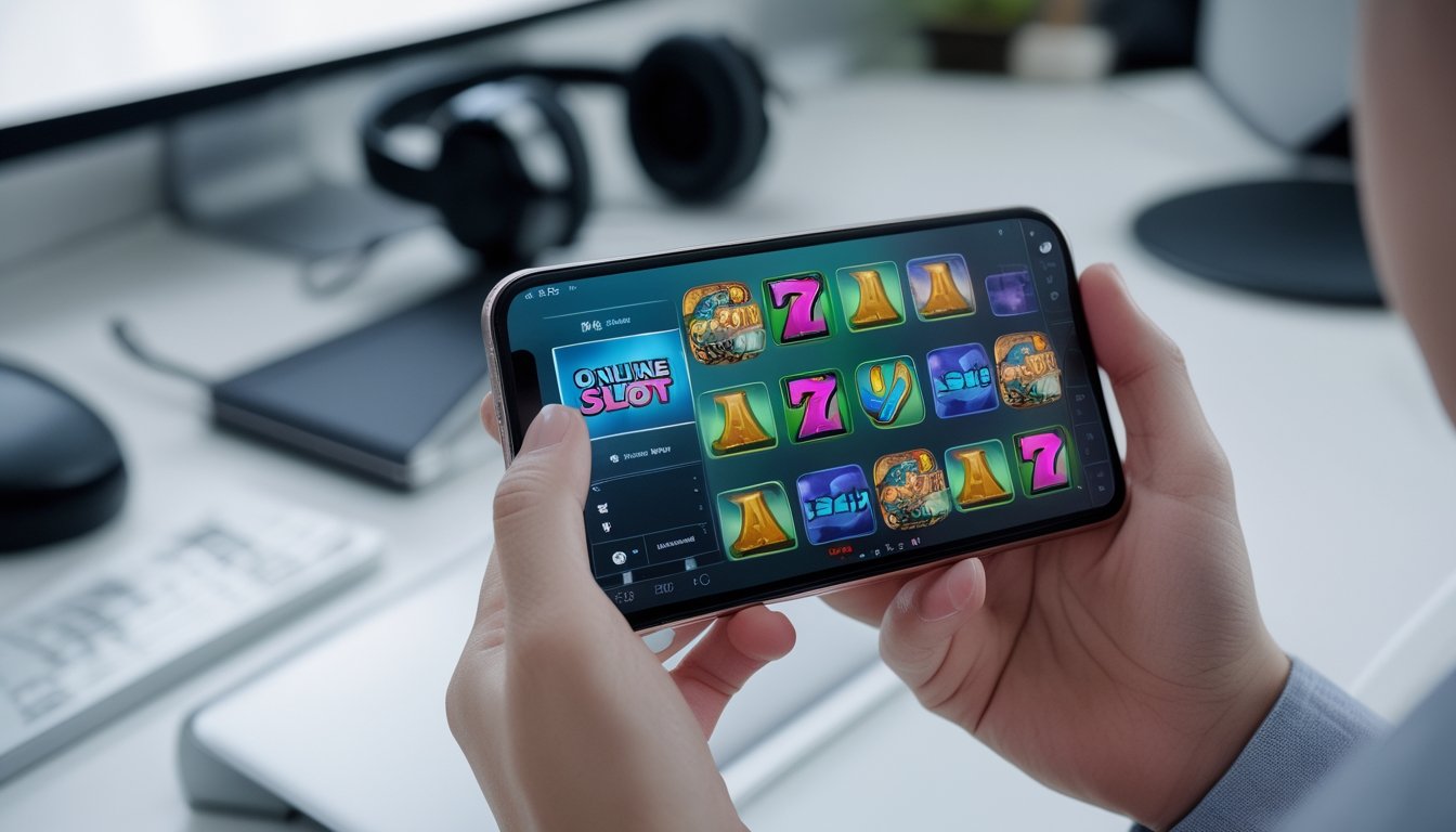 Seseorang memegang smartphone dengan tampilan permainan slot online yang lancar di layar, di latar belakang meja kerja dengan aksesori teknologi.