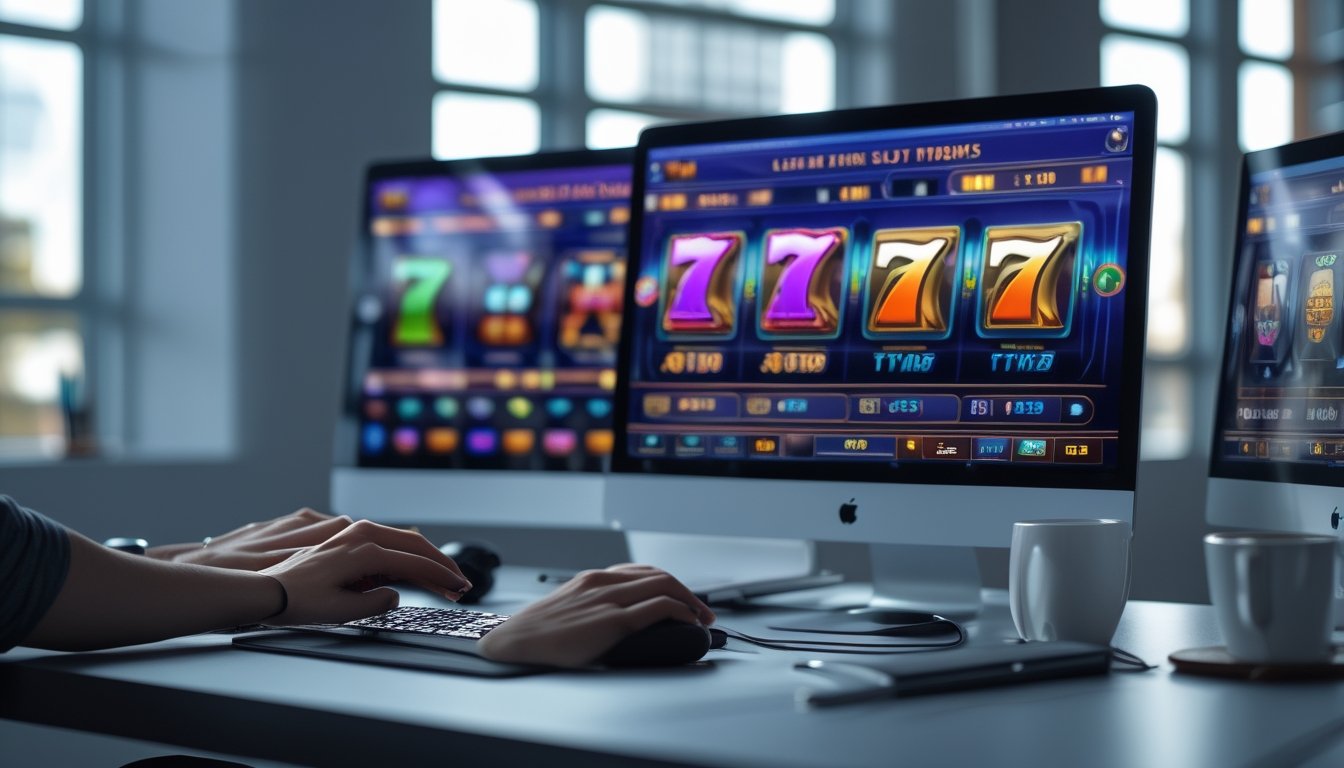 Meja kerja dengan beberapa monitor menampilkan permainan demo slot online dan tangan seseorang yang sedang menggunakan keyboard dan mouse.