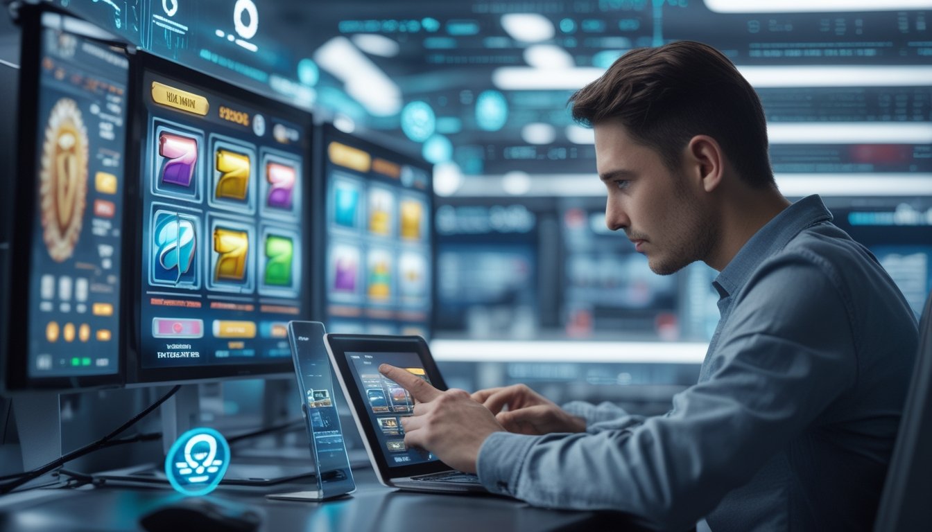 Seseorang sedang duduk di depan komputer dengan tampilan permainan slot dan ikon keamanan, menunjukkan kehati-hatian dalam menggunakan situs slot online.