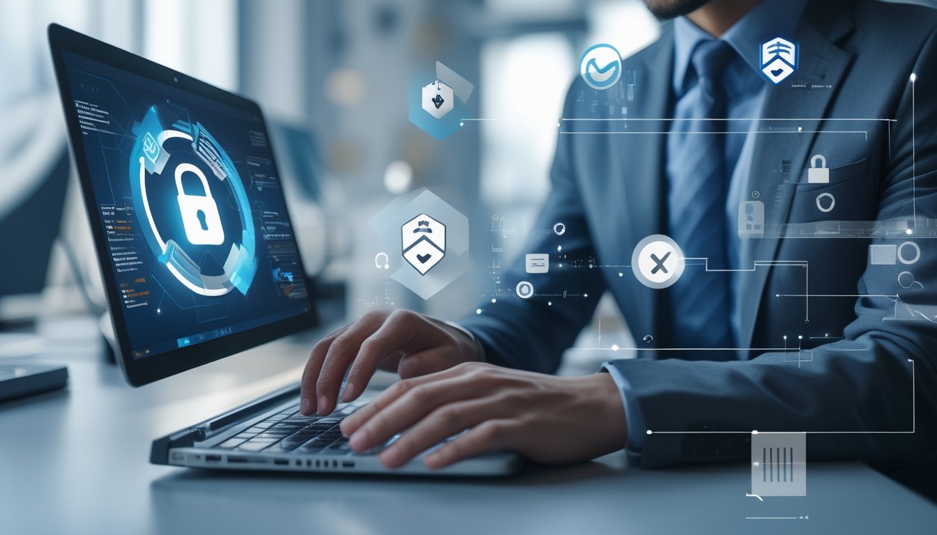 Seseorang menggunakan laptop dengan ikon keamanan digital seperti gembok dan perisai mengelilingi layar, menggambarkan keamanan situs slot online.