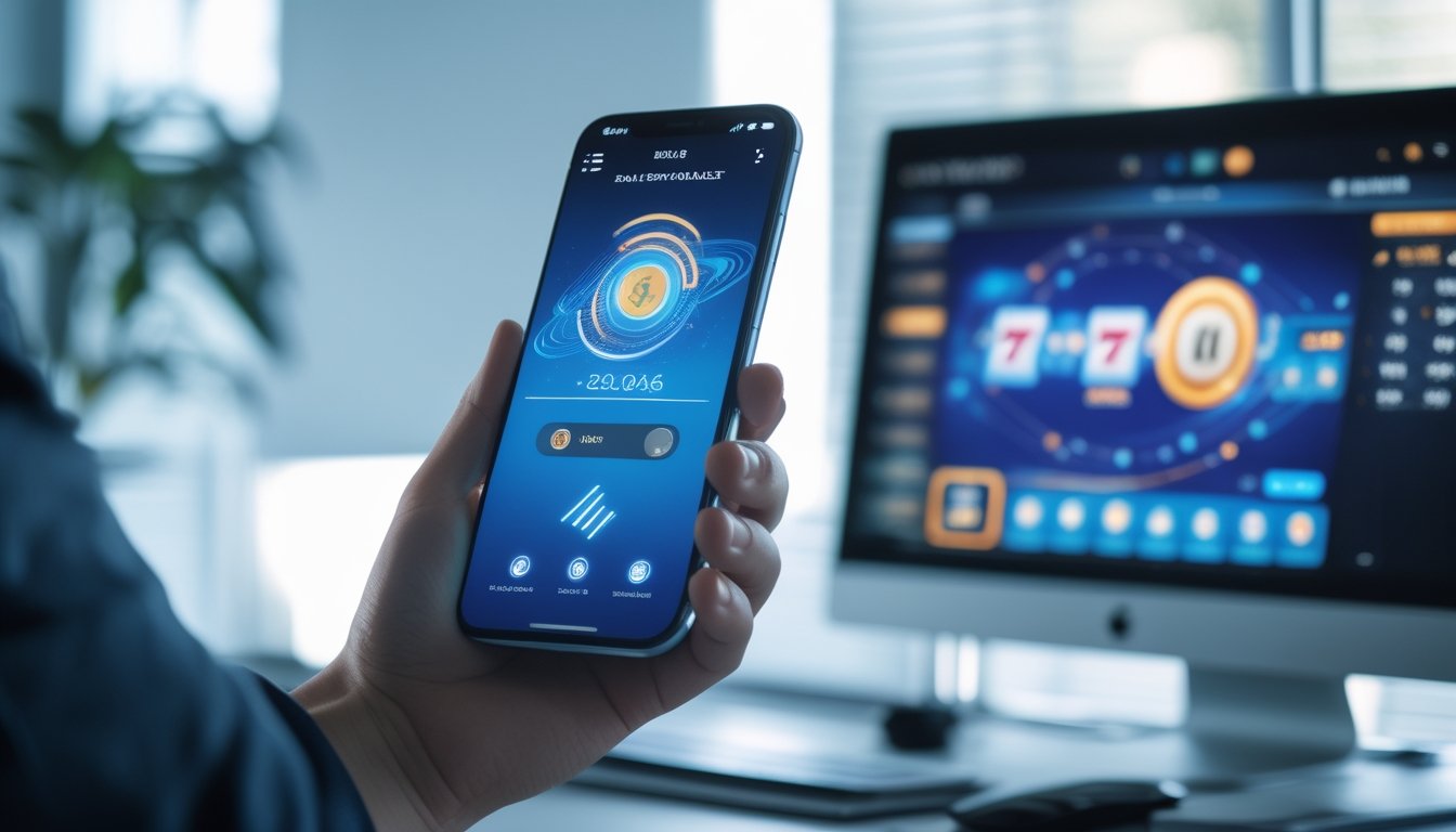 Seseorang memegang smartphone dengan aplikasi e-wallet yang menampilkan ikon kecepatan dan keamanan, di latar belakang terlihat layar komputer dengan permainan slot online.