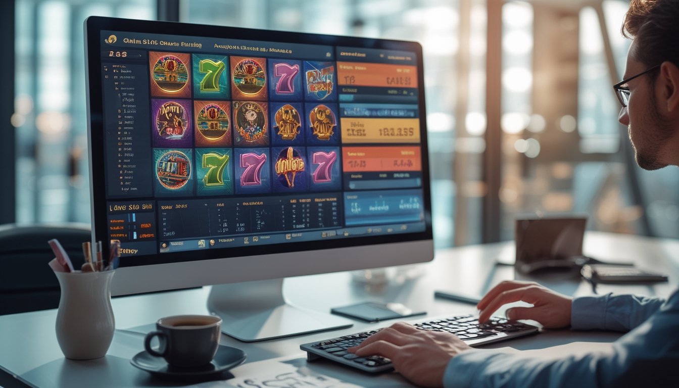 Seseorang sedang menganalisis data permainan slot online di depan komputer dengan grafik dan mesin slot di layar.