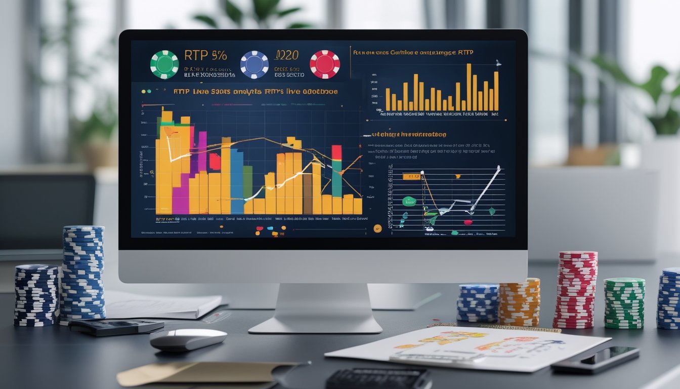 Sebuah ruang kerja modern dengan komputer yang menampilkan grafik dan data analisis RTP untuk permainan slot online, dikelilingi oleh chip poker dan kartu remi.
