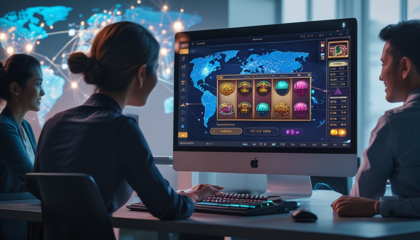 Orang-orang sedang bermain permainan slot online di depan komputer dengan latar belakang peta dunia dan elemen teknologi digital.