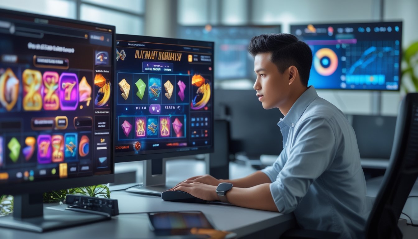 Seorang pria muda sedang menggunakan komputer dengan tampilan permainan slot online berwarna-warni di layar, di ruang kerja modern dengan pencahayaan alami.