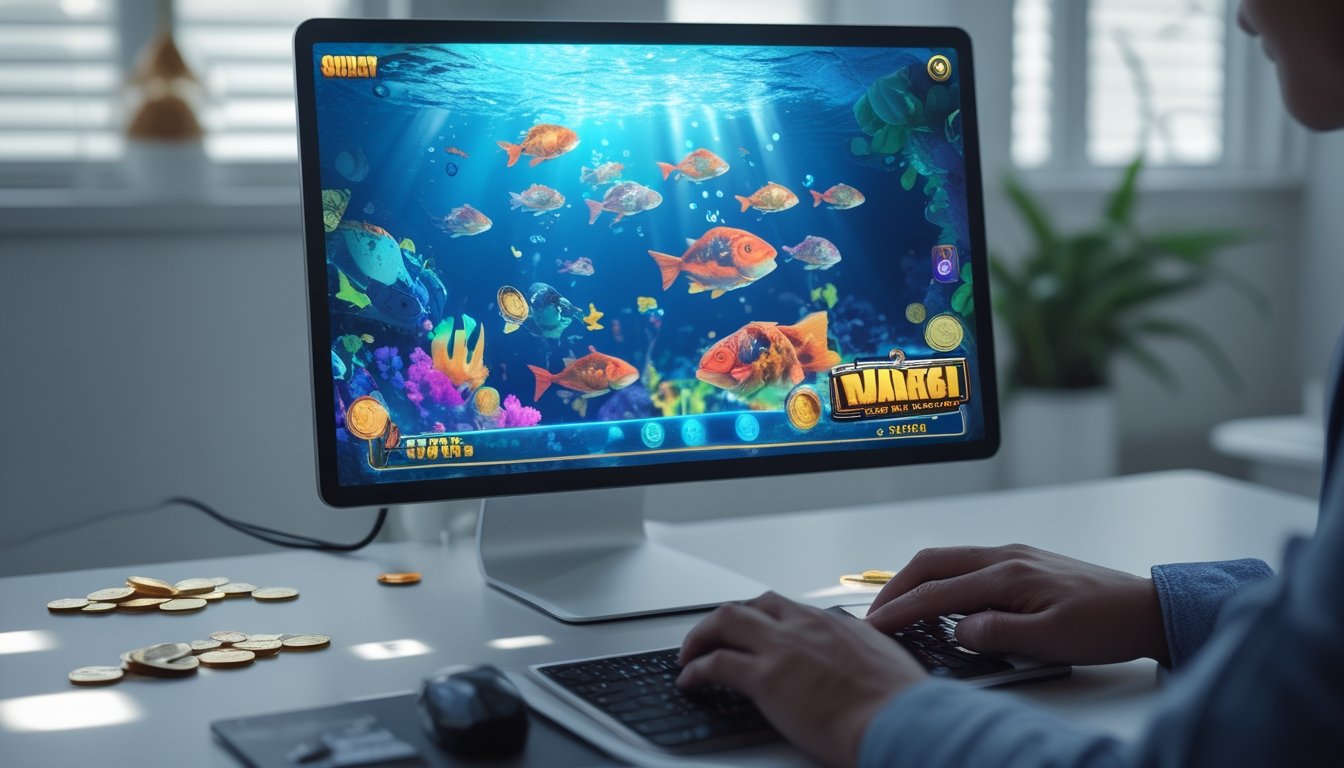 Seseorang bermain permainan tembak ikan online di komputer dengan latar belakang ruangan yang rapi dan pencahayaan lembut.